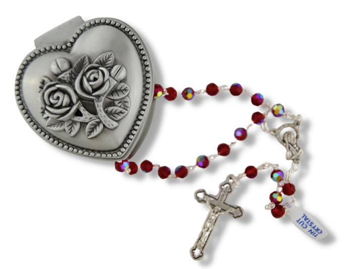 Rosary with 6mm Red Beads and Heart Rosary Box