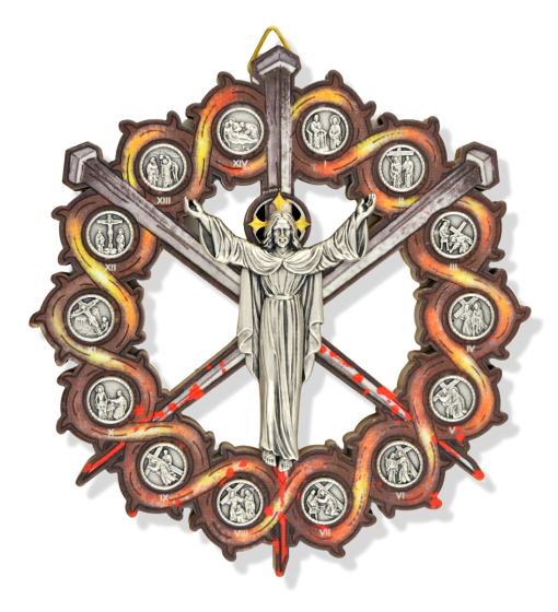 Stations of the Cross Crown of Thorns & Three Nails Wall Plaque (Wood & Colored Accents) – 4 3/4", Made in Italy  (Minimum quantity purchase is 1)
