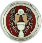  JHS Eucharist Pyx/Rosary Box Silver Plated with Red  Accents - 2 1/4" in Diameter   