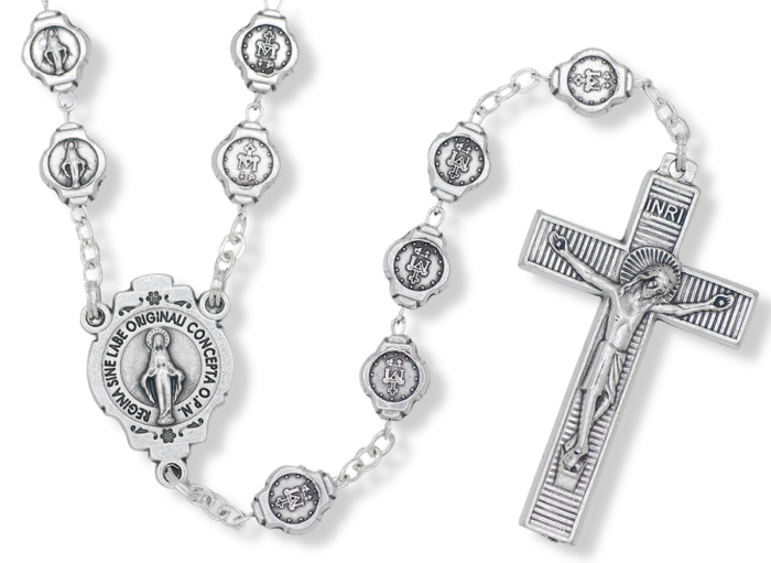 Large Miraculous Medal Silver Oxidized Rosary   