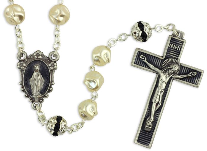  Ivory Rosary w/ Black Accented Our Father Beads - 20 1/4"    (Minimum quantity purchase is 1)