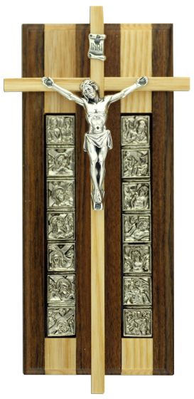 Stations of the Cross Wall Plaque – 7" Contrasting Wood Inlay & Silver Oxidized Metal, Made in Italy   (Minimum quantity purchase is 1)    
