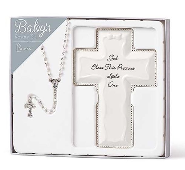 Baptism Gift Set with Wall Cross and Rosary - 6.25"  