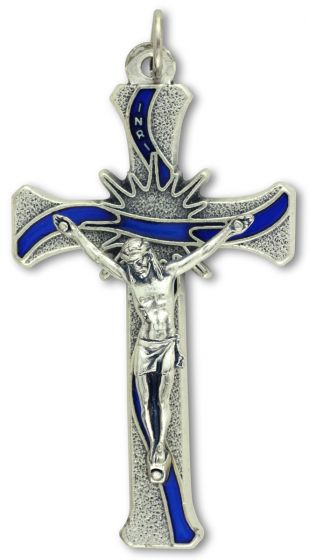   Contemporary Sunburst Crucifix Pendant with Blue Enamel - 3 1/8"  