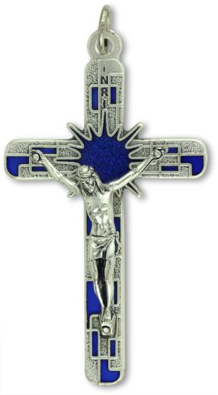  Mosaic-Style Sunburst Crucifix Pendant with Blue Enamel - 3 1/8"    (Minimum quantity purchase is 1)