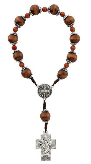 One Decade Rosary with 10 mm Wood Beads and St Benedict Center - 7.25" (Minimum Purchase 1) * 