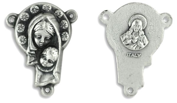 Madonna and Child Rosary Center with Sacred Heart – 3/4" Silver Oxidized, Made in Italy   (Minimum quantity purchase is 2)