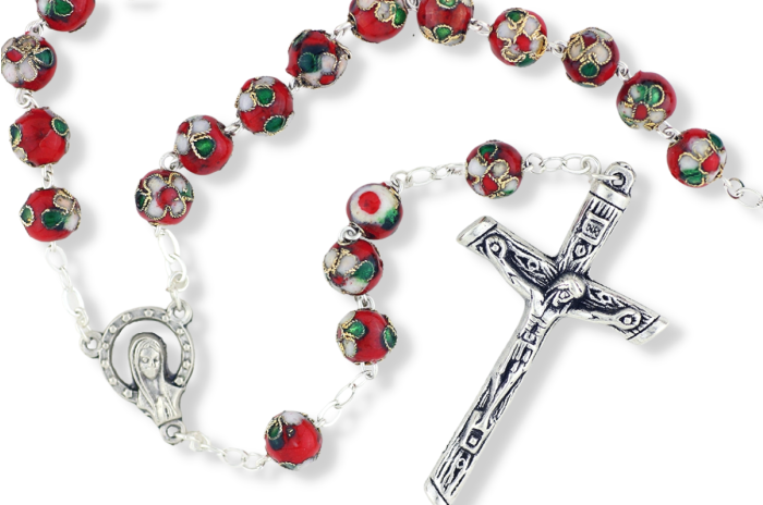 Red Cloisonné Rosary – 8mm Floral Beads, Made in Portugal