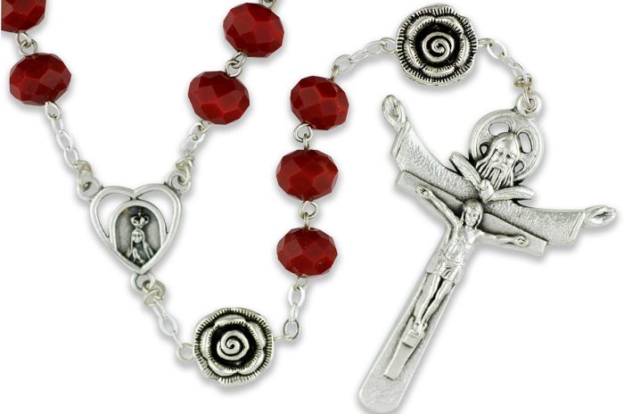 Our Lady of Fatima Rosary with 10 x 8mm Rose Red Rondelle Beads and Holy Trinity Crucifix - 21"   (Minimum quantity purchase is 1) 
