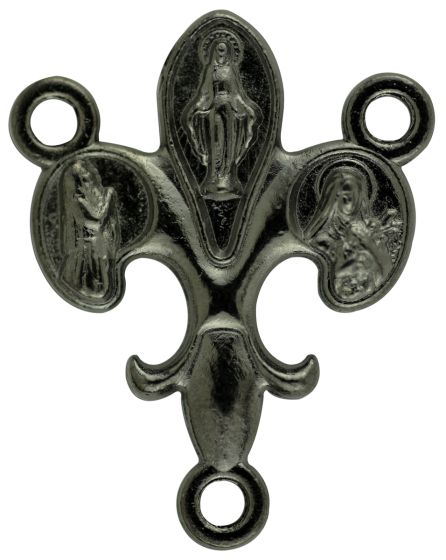 Fleur-de-Lis Rosary Center (Mary, St Bernadette & St Therese) - 15/16" Gunmetal, Made in Italy *  (Minimum quantity purchase is 2)