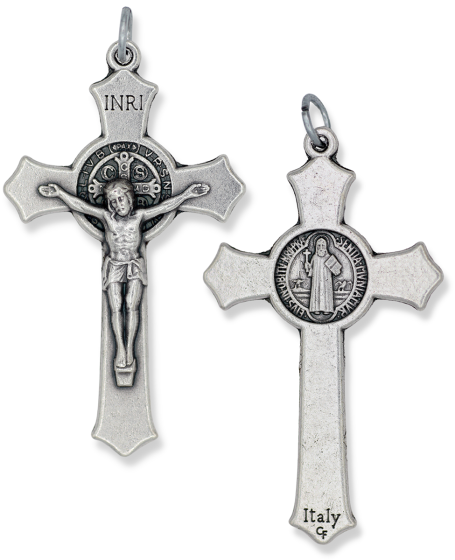 St Benedict Flared Edge Crucifix - 2" Silver Oxidized, Made in Italy  *  (Minimum quantity purchase is 1)