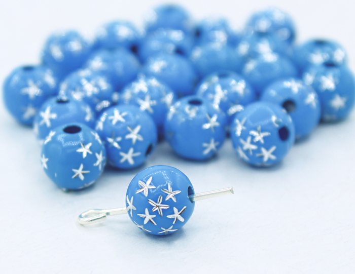 True Blue Star Spangled Plastic Beads, 8 mm round- 60 beads    (Minimum quantity purchase is 1)