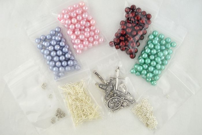  Linked Rosary Kits - Makes 4 Rosaries - Multicolored Pearl Beads  * (Sellers Choice) NO PLIERS 