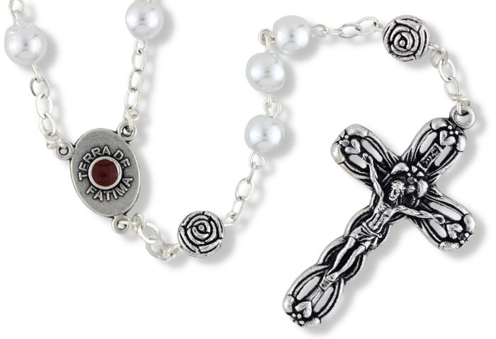 Rosary with 6mm White Beads and Our Lady of Fatima Relic Center - 18" (Minimum quantity. purchase is 1)