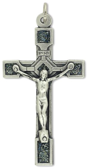 Rose Garden Crucifix – 2" Blue Glitter Enamel Silver Oxidized, Made in Italy  (Minimum quantity purchase is 1)