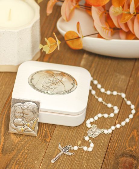 Holy Family Italian Gift Box - (Rosary, Tabletop Plaque, Rosary Box) - White, Sterling Silver (Minimum quantity purchase is 1)