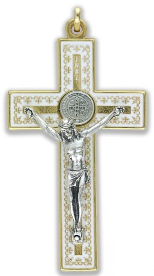 St. Benedict Straight Edge Baroque Inspired Crucifix - 3-1/8", Two-Tone & White Enamel     (Minimum quantity purchase is 1)