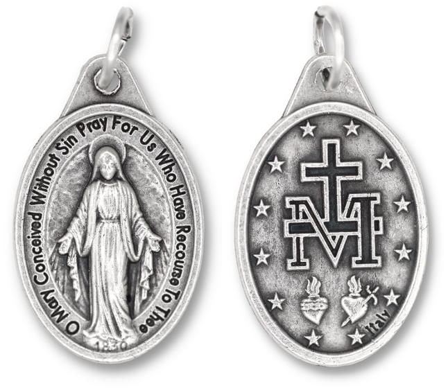 Miraculous Medal (English) – 1" Oval Silver Oxidized, Made in Italy *  (Minimum quantity purchase is 3)