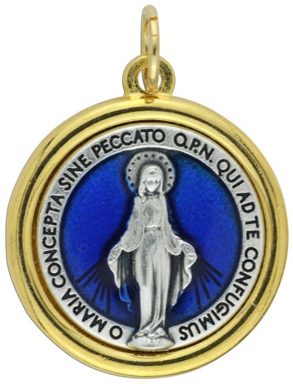 Two-Toned w/ Blue Enamel Miraculous Medal  - 1" LATIN  (Minimum quantity purchase is 1)