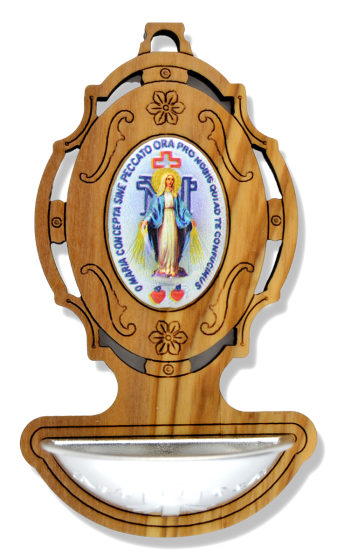 Miraculous Medal Holy Water Font (Color Image) – 3.75" Olivewood, Made in Italy  * (Minimum quantity purchase is 1)