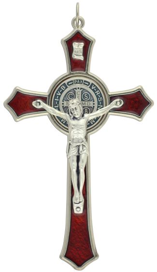 St Benedict Crucifix Pendant with Red Enamel - 4 3/4" Silver Oxidized, Made in Italy *   (Minimum quantity purchase is 1)  