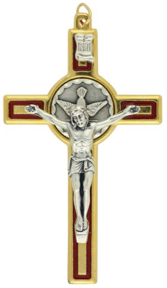 Confirmation Crucifix Pendant with Red Enamel - 3 1/8" Two Tone Dove, Made in Italy *  (Minimum quantity purchase is 1)
