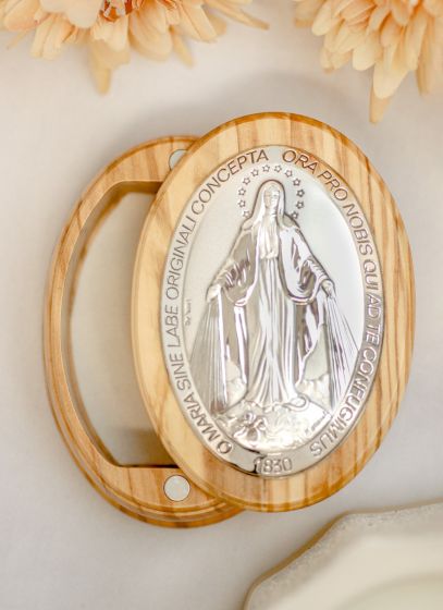 Miraculous Medal Magnetic Rosary Box – 3.5" Oval Olivewood & Sterling Silver, Made in Italy  (Minimum quantity purchase is 1)