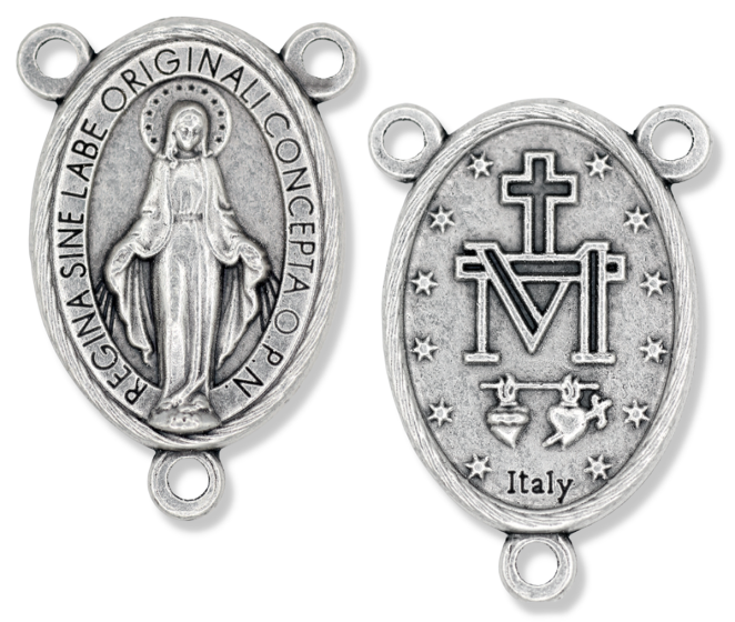 Miraculous Medal Rosary Center (Latin) – 1" Oval Silver Oxidized, Made in Italy *  (Minimum quantity purchase is 3)