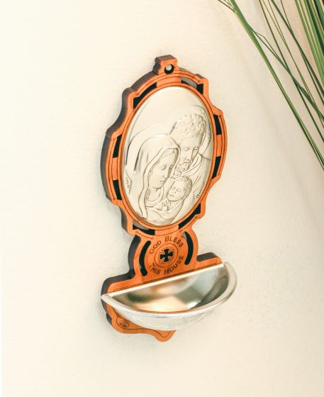 Holy Family Holy Water Font (God Bless this House) - 6" Olivewood & Sterling Silver, Made in Italy   (Minimum quantity to purchase is 1) 