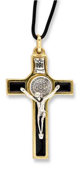 St Benedict Crucifix Pendant Necklace – 2" Gold & Silver with Black Enamel, Made in Italy *  (Minimum quantity purchase is 1)   