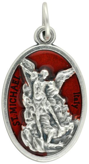 St Michael Medal (Guardian Angel) with Red Enamel - 1" Silver Oxidized, Made in Italy *  (Minimum quantity purchase is 2)
