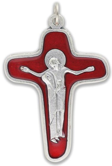Our Lady at the Cross Crucifix - 1 7/8" Red Enamel, Made in Italy *