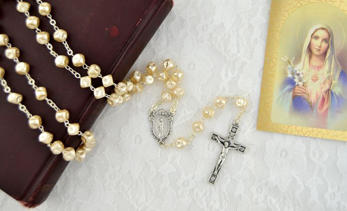   Ivory Rosary w/ Cubed, Star-Imprinted Faux Pearl Beads - 19 1/2"   (Minimum quantity purchase is 1)