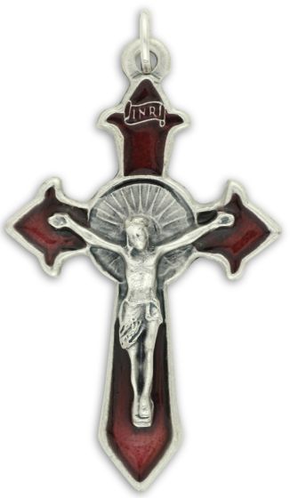 Red Enamel Pointed Sunburst Crucifix - 2" Silver Oxidized, Made in Italy  * Read Description  (Minimum quantity purchase is 1)