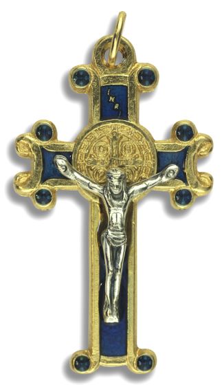  St. Benedict 2-sided Scrolled Edge, Gold Plated Rosary Crucifix -  Blue Inlay - 1 5/8"   (Minimum quantity purchase is 1)