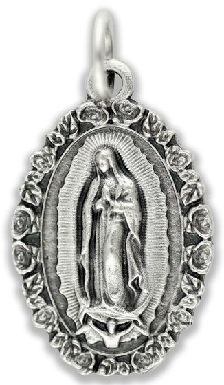 Our Lady of Guadalupe Medal with Rose Border (Spanish) - 1" Silver Oxidized, Made in Italy  (Minimum quantity purchase is 2)