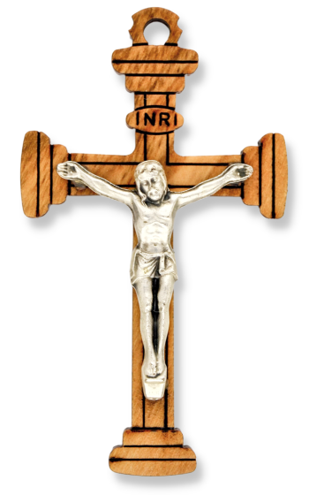  Small Olive Wood Crucifix with Lined Posts - 1.5"    (Minimum quantity purchase is 1)