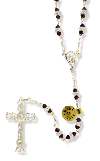 Sterling Silver Rosary with Red Swarovski Beads - 23"  