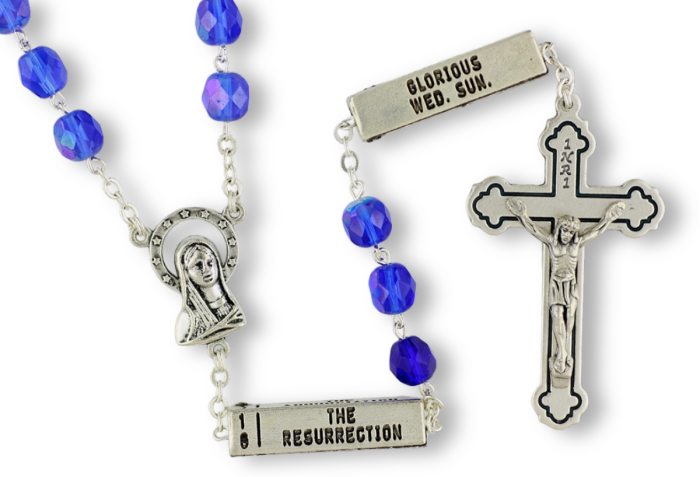   The Mysteries Rosary with Blue Crystal 8 mm Beads - 22"  (Minimum qty. purchase is 1)  