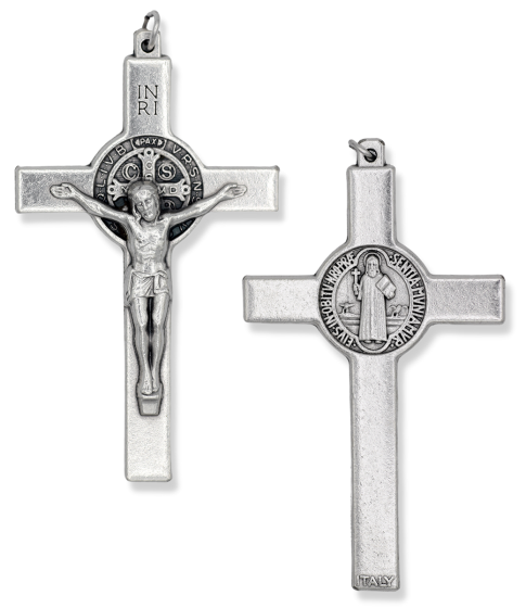 XL St Benedict Crucifix - 3" Straight Edge, Silver Oxidized, Made in Italy *   (Minimum quantity purchase is 1)