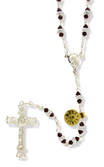 Sterling Silver Rosary with Dark Red Swarovski Beads - 23"  