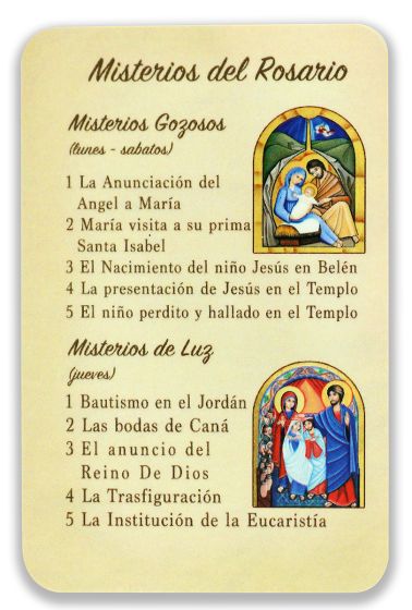 Rosary Mysteries Prayer Laminated Prayer Card - Spanish  (Minimum quantity purchase is 2)