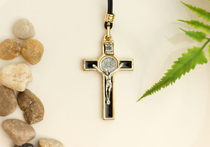   St Benedict Crucifix Pendant with Black Enamel and Gold Accents on Black Cord - 2"   