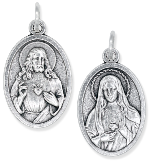 Sacred Heart of Jesus Medal 1” Oval Silver Oxidized – Immaculate Heart of Mary on Back – Made in Italy *  (Minimum quantity purchase is 3)