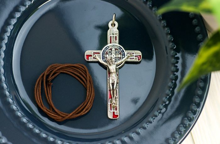 St Benedict Crucifix Pendant (Red Enamel Geometric Inlay) – 3 1/8" Silver Oxidized with 32" Cord, Made in Italy * (Minimum quantity purchase is 1)