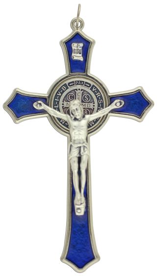 St Benedict Crucifix Pendant with Blue Enamel - 4 3/4" Silver Oxidized, Made in Italy * (Minimum quantity purchase is 1)  