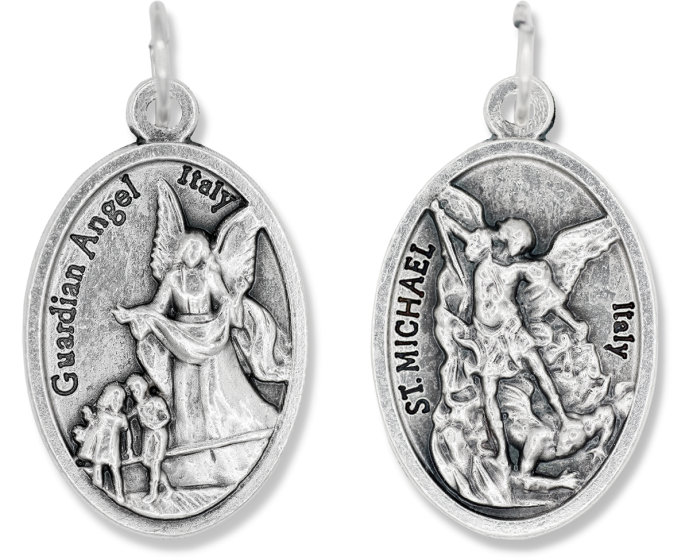 St Michael & Guardian Angel Medal (Catholic Protection) – 1" Oval Silver Oxidized, Made in Italy  * (Minimum quantity purchase is 3)