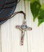 St Benedict Crucifix Pendant (Red Enamel Geometric Inlay) – 3 1/8" Silver Oxidized with 32" Cord, Made in Italy * (Minimum quantity purchase is 1)
