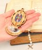 St Benedict Medal Holy Water Font (Color Image) – 3.75" Olivewood, Made in Italy  (Minimum quantity purchase is 1)