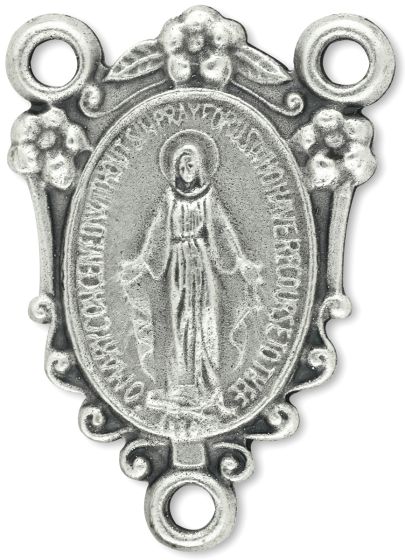 Miraculous Medal Rosary Center - 1" Ornate Crest Silver Oxidized, Made in Italy   (Minimum quantity purchase is 2)